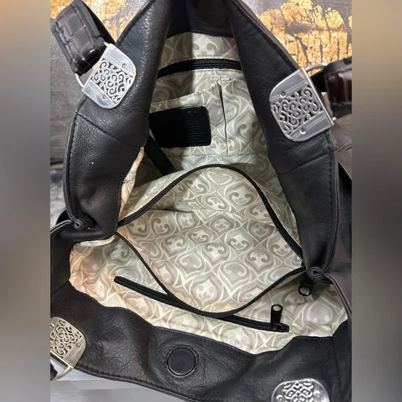 Brighton Black Pebbled Leather and Brown Croc-Embossed Hobo Shoulder Bag - Picture 4 of 16